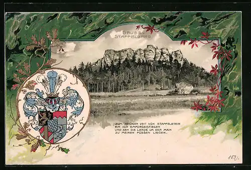 Passepartout-Lithographie Staffelberg, Bergfelsen, Wappen Spruch