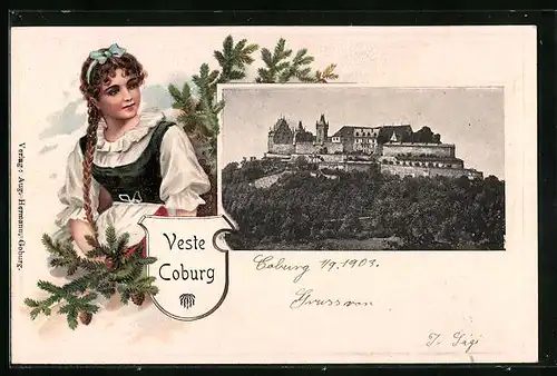 Passepartout-Lithographie Coburg, Burg mit Mauer und Turm