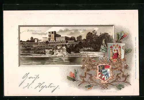Passepartout-Lithographie Aschaffenburg, Pompejanum, Wappen