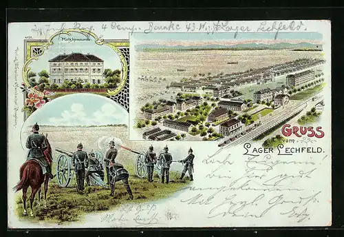 Lithographie Lager Lechfeld, Totalansicht, Soldaten mit Pickelhaube an Kanonen