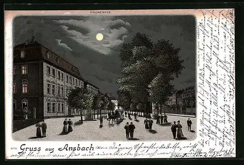 Mondschein-Lithographie Ansbach, Abendspaziergang auf der Promenade