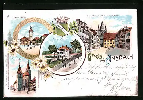 Lithographie Ansbach, Prinzenschloss, Oberer Markt und St. Gumbertus-Kirche