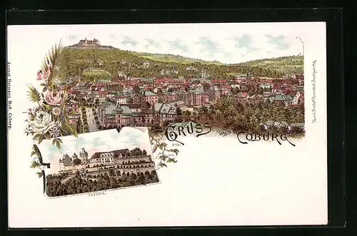 Lithographie Coburg, Festung, Panoramablick auf die Stadt