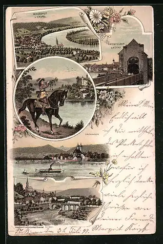 Lithographie Säckingen, Trompeter von Säckingen, Ortsansicht, Waldshut v. Haspel, Rheinfelder Brücke