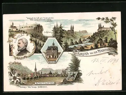 Lithographie Staffelstein, Ortsansicht, Rathaus, Staffelberg