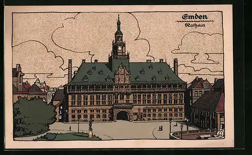 Steindruck-AK Emden, Rathaus mit Vorplatz