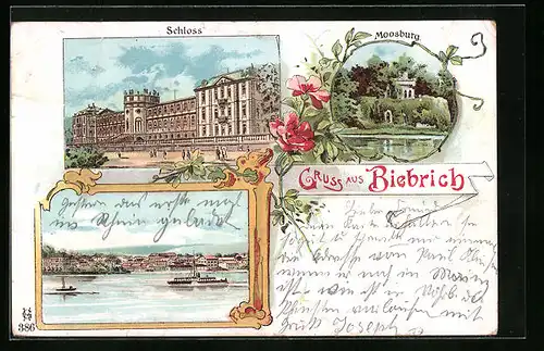 Lithographie Biebrich, Schloss, Moosburg, Schiffe