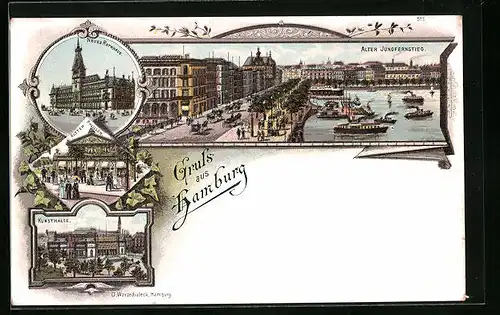 Lithographie Hamburg, Alster Pavillon, Kunsthalle