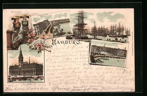 Lithographie Hamburg, Hafen mit Segelschiffen, Rathaus, Frauen in Tracht