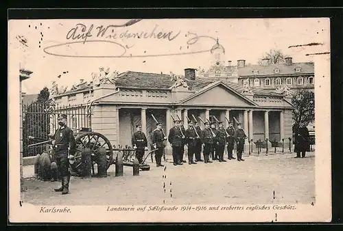 AK Karlsruhe, Landsturm auf Schlosswache 1914-1916, englisches Geschütz