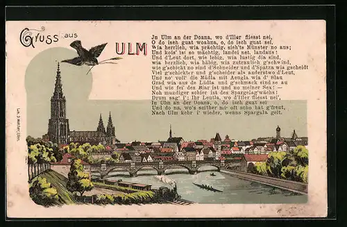 Künstler-AK Ulm, Ortspartie mit Dom, Dampflok, Boot, Gedicht