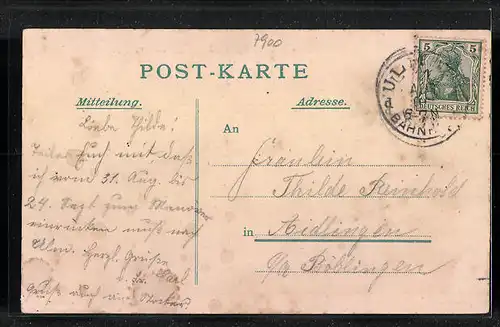 Künstler-AK Ulm, Ortspartie mit Dom, Dampflok, Boot, Gedicht