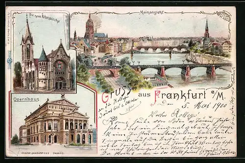 Lithographie Frankfurt /Main, Peterskirche, Opernhaus, Mainansicht