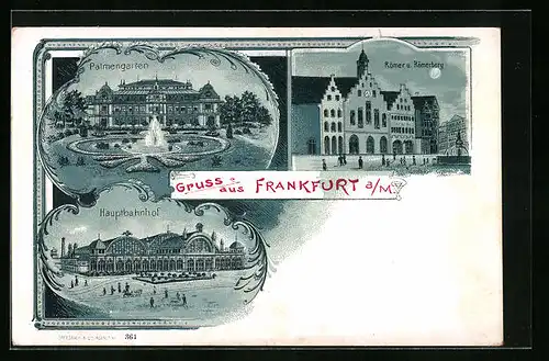 Mondschein-Lithographie Frankfurt /Main, Hauptbahnhof, Palmengarten mit Fontäne