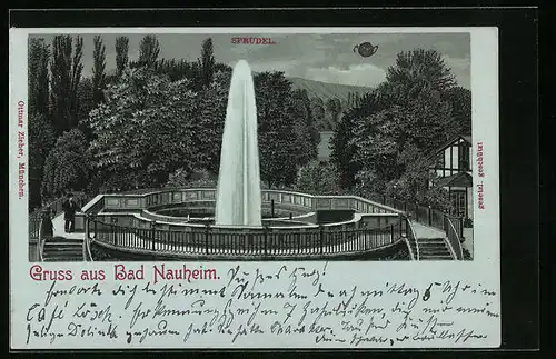 Mondschein-Lithographie Bad Nauheim, Besucher am Sprudel