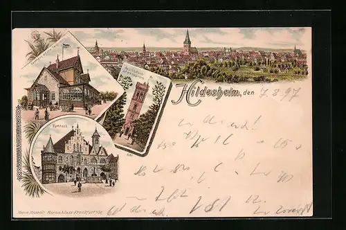 Lithographie Hildesheim, Rathaus mit Aussichtsturm auf dem Galgenberg