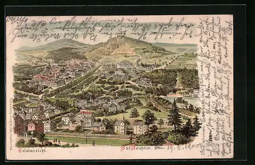 Lithographie Bad Nauheim, Totalansicht aus der Vogelschau