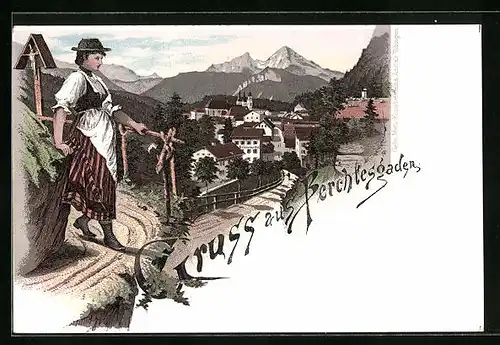 Lithographie Berchtesgaden, Ortsansicht mit Kirche und Dame in Tracht