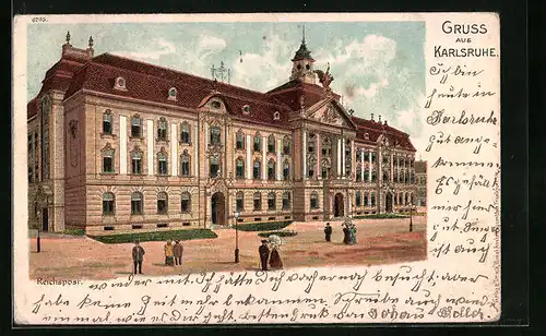 Lithographie Karlsruhe, Reichspost mit Passanten