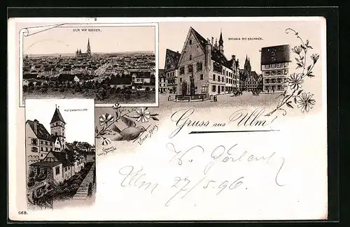 Lithographie Ulm, Rathaus mit Brunnen und Metzgerthurm