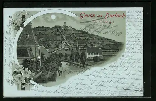 Mondschein-Lithographie Durlach /Turmberg, Ortsansicht mit Turm
