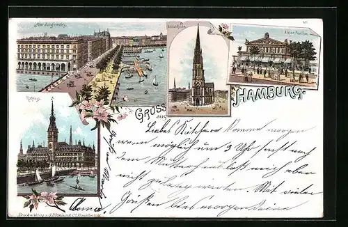 Lithographie Hamburg, Nicolai-Kirche, Rathaus, Alter Jungfernstieg