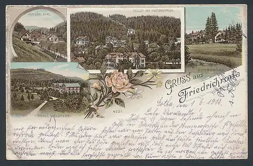 Lithographie Friedrichroda, Ortsansicht mit Villen am Herzogsweg