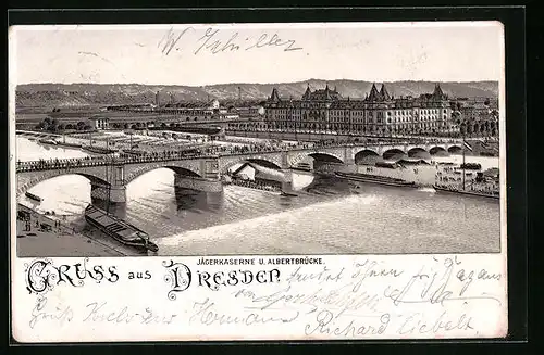 Lithographie Dresden, Jägerkaserne und Albertsbrücke