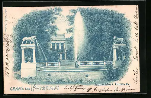 Lithographie Potsdam, Jagdschloss Glienicke mit Brunnen