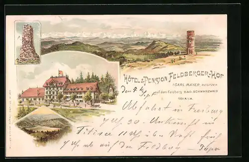 Lithographie Feldberg /Bad. Schwarzwald, Ortsansicht mit Hotel und Pension Feldberger Hof