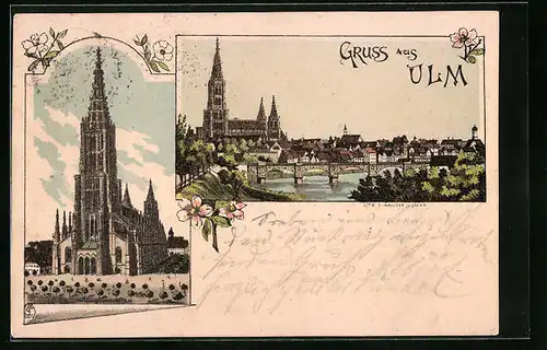 Lithographie Ulm, Ortsansicht mit Münster