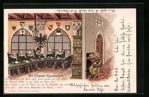 Lithographie Ulm, D`r Ulmer Kuahhirt mit Wappen