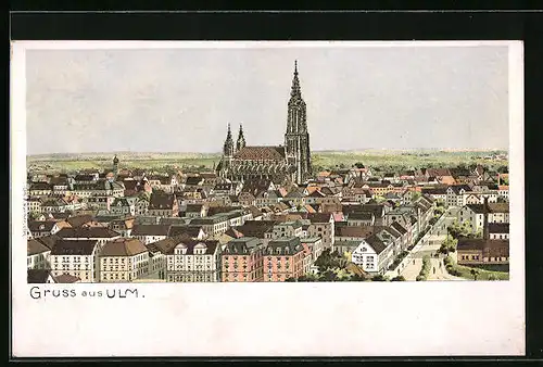 Lithographie Ulm, Totalansicht aus der Vogelschau