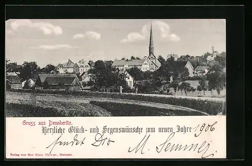 AK Dennheritz, Ortsansicht mit Kirche und Neujahrsgrüsse