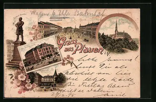 Lithographie Plauen, Klostermarkt, Bismarck-Denkmal, Schloss