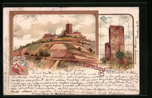 Lithographie Turmberg b. Durlach, Ortsansicht mit Turm