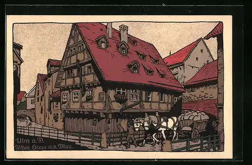 Steindruck-AK Ulm a. D., Altes Haus an der Blau