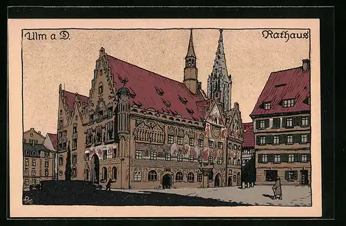 Steindruck-AK Ulm a. D., Altes Rathaus