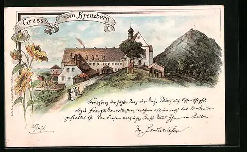 Lithographie Kreuzberg /Rhön, Kloster mit Kreuzberg