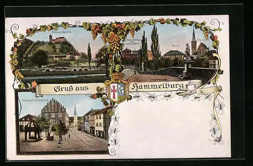 AK Hammelburg, Marktplatz mit Rathaus, Scloss Saaleck, Wappen