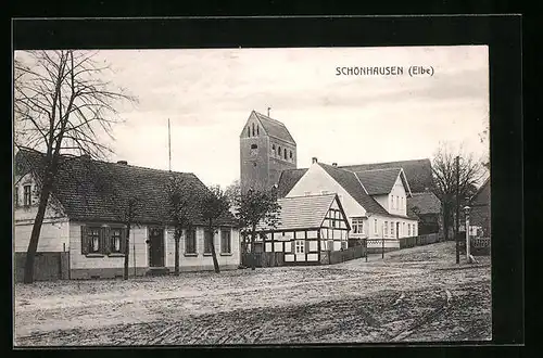 AK Schönhausen /Elbe, Ortspartie mit Kirche