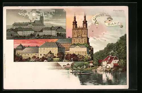Lithographie Bad Staffelstein, Schloss Banz, Wasserpartie, Ortsansicht bei Vollmond