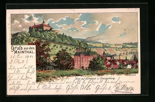 Lithographie Kulmbach, Ortsansicht mit Umgebung