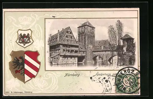 Präge-AK Nürnberg, Henkerturm mit Brücke, Wappen