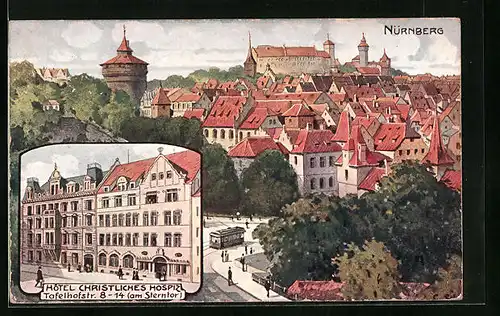 AK Nürnberg, Hotel Christliches Hospiz in der Tafelhofstrasse, Teilansicht aus der Vogelschau