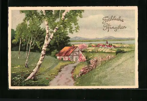 Künstler-AK Pfingstgrüsse, Haus in idyllischer Landschaft