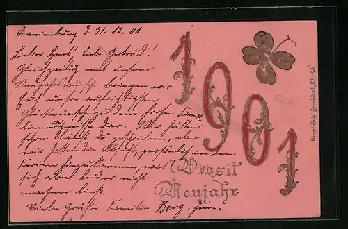 Präge-AK Neujahrgrüsse 1901 mit Kleeblatt