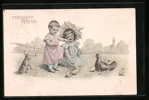 Künstler-AK Kinder mit Hasen und Küken