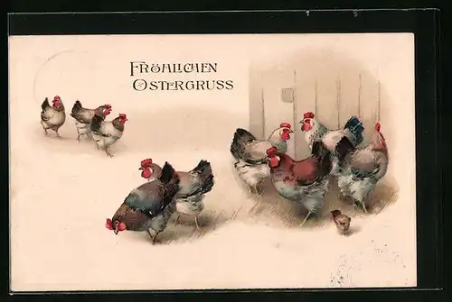 Präge-AK Ostergrüsse mit Hühnern und Osterküken