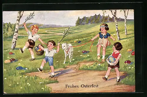 Künstler-AK Ostergrüsse mit spielenden Kindern und Osterlamm